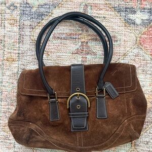 Coach Vintage Brown Suede Shoulder Bag with Black Leather Trim